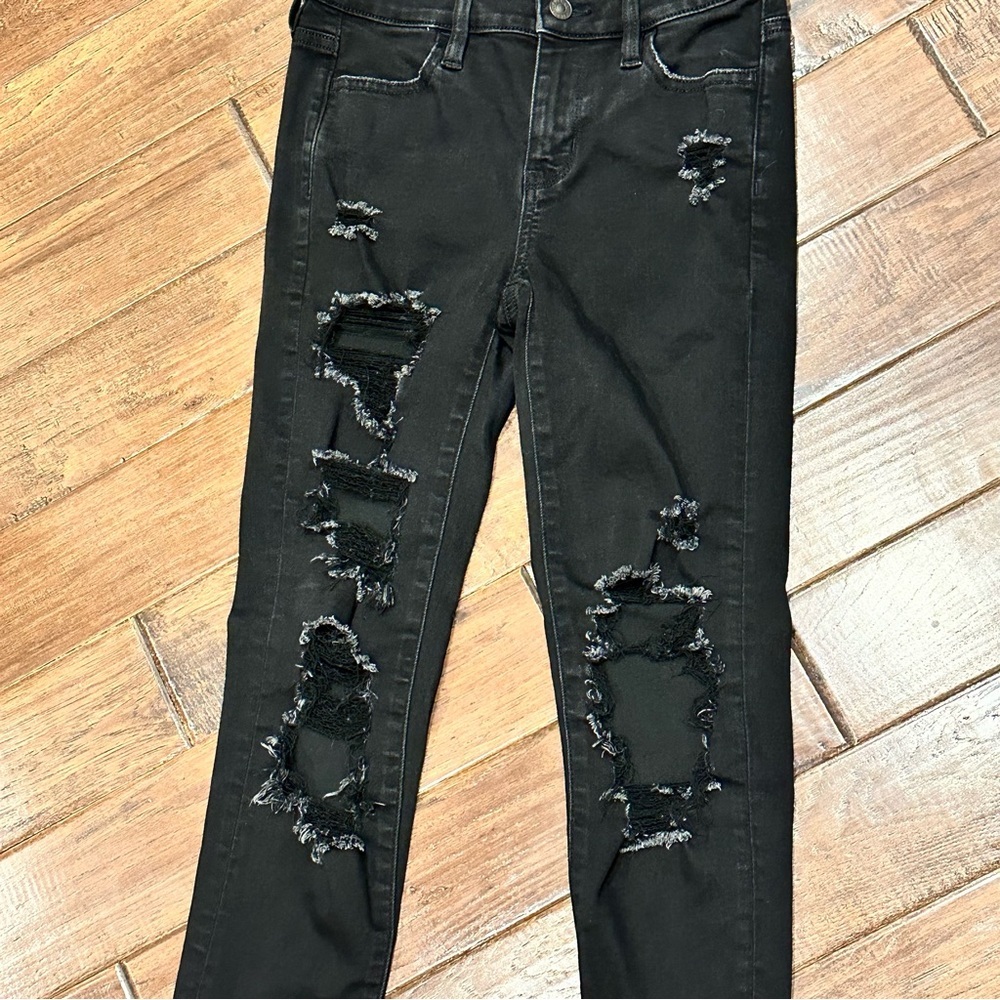 American Eagle Outfitters Next Level Stretch Distressed Black Jegging size 0 - Picture 2 of 6